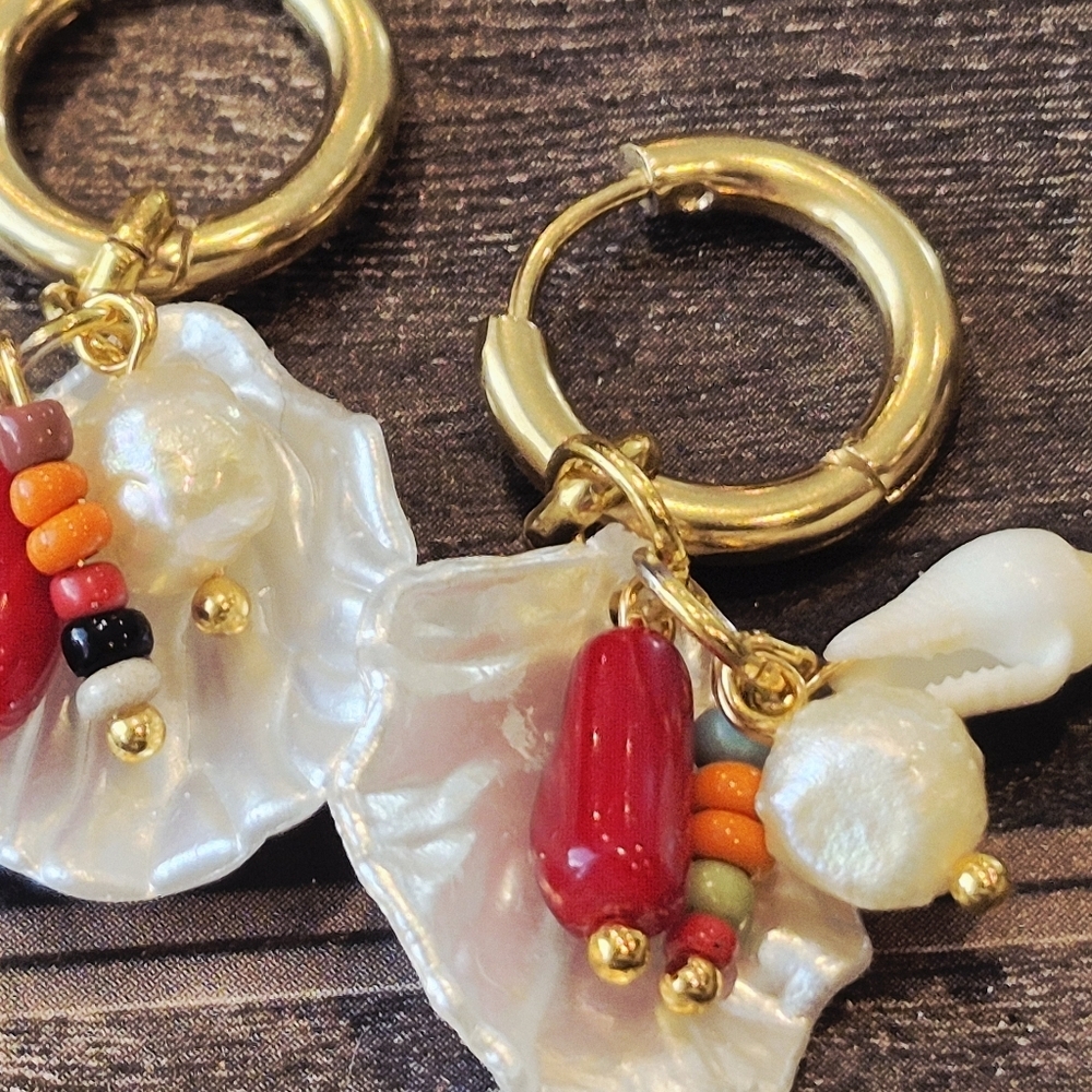 18k Gold Plated Stainless Earrings  Red Coral Freshwater Pearl Natual Shell - Picture 2 of 7